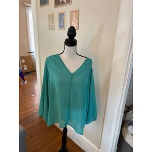 H&M Women's Chiffon Blouse – US 10 – Teal Button-Front Long Sleeve Top